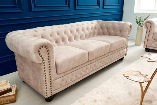 Design bútorok - CHESTERFIELD bézs 3 személyes bársony kanapé