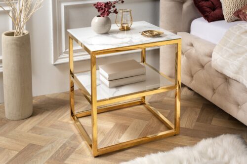 Design bútorok - ELEGANCE fehér és arany üveg lerakóasztal 45 cm